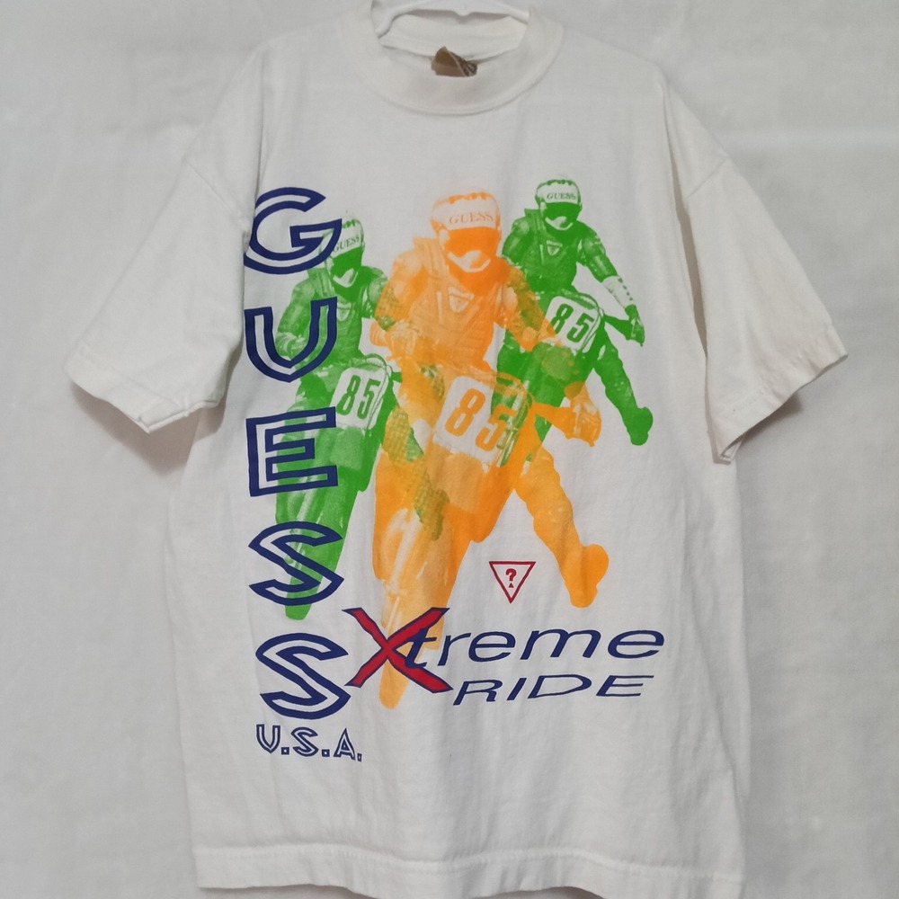 Vintage Guess Jeans USA Xtreme Ride T Shirt Kids Medium 12-14 White Motocross